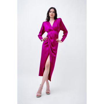 Fuchsia Satin Midi Dress With Draping