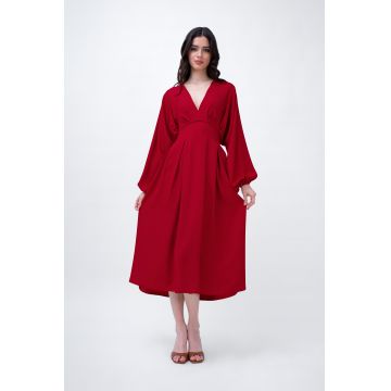 Red Midi Dress With Balloon Sleeves And V-neck