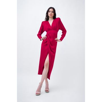 Red Satin Midi Dress With Draping