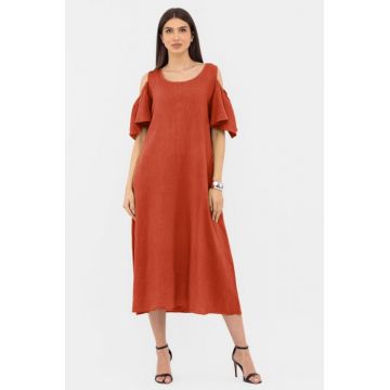 Rochie A-line din in cu umerii goi, lunga,  A-line, caramizie