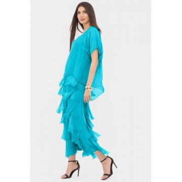 Rochie albastru azur din matase si vascoza cu  volane franjurate suprapuse