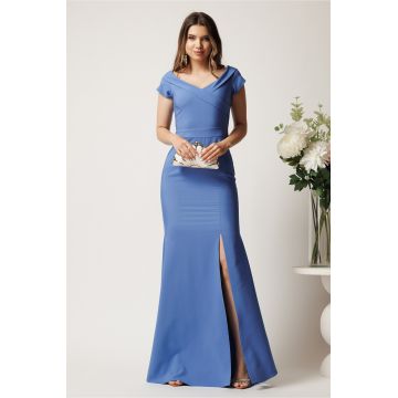 Rochie bleu lunga din stofa cu decolteu barcuta si crapatura pe picior- LaDonna