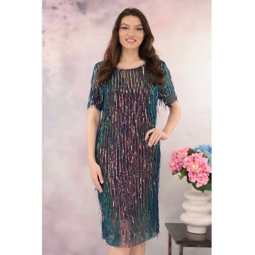 Rochie bleumarin cu franjuri si paiete cu reflexii multicolore