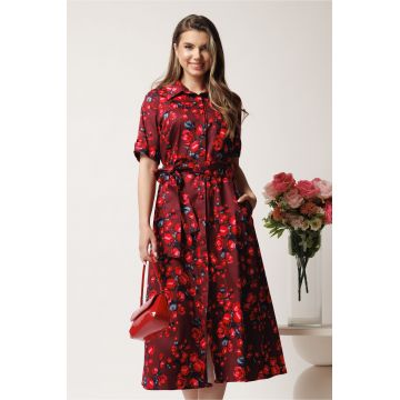 Rochie bordo tip camasa din bumbac cu flori rosii si cordon in talie