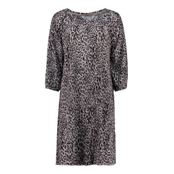 Rochie cu decilteu rotund si animal print - Negru - Bej deschis -