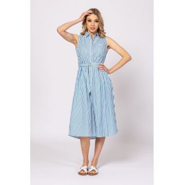 Rochie cu imprimeu - croiala in A si buzunare - Alb optic - Albastru petrol -