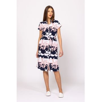 Rochie cu imprimeu si cordon in talie - Alb optic - Roz prafuit - Bleumarin -