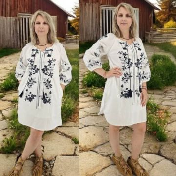 Rochie Dama Alba cu Broderie neagra   - Albena 3