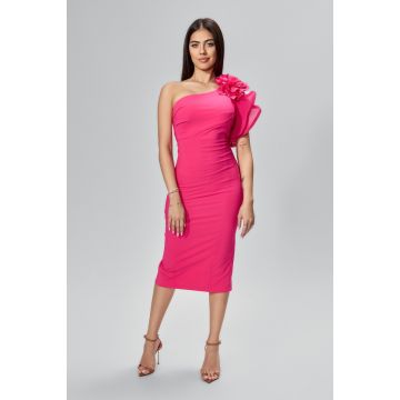 Rochie de ocazie cu model one shoulder si floare 3D Aritina Ciclam