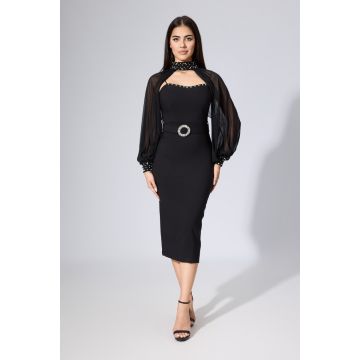 Rochie de ocazie cu strass-uri si maneci detasabile din voal Feray Neagra