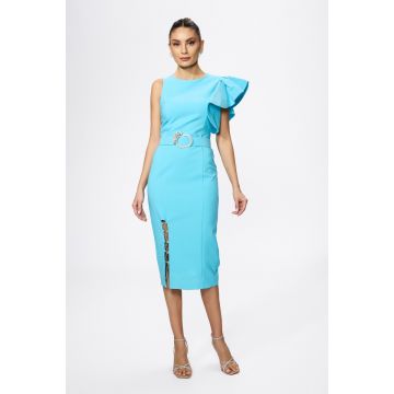 Rochie de ocazie cu volan si crepeu prevazut cu lant Liona Bleu