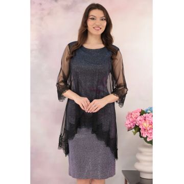 Rochie de ocazie din lurex violet cu pelerina din tulle si broderie negre