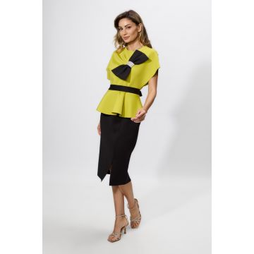 Rochie de ocazie din neopren cu peplum si funda cu strass-uri Medora Fistic