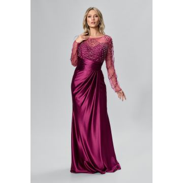 Rochie de ocazie din satin accesorizata cu strass-uri Femme Magenta