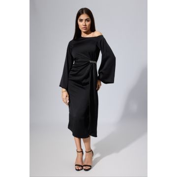 Rochie de ocazie din satin cu strass-uri in talie Felicita Neagra