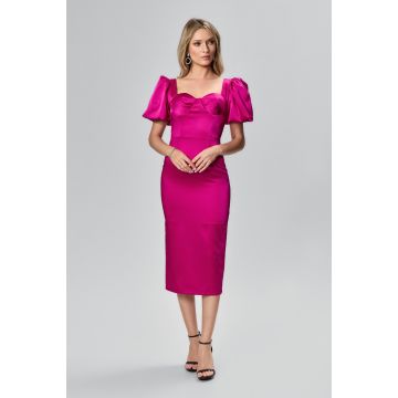 Rochie de ocazie din satin maneci bufante Rafaelle Fucsia