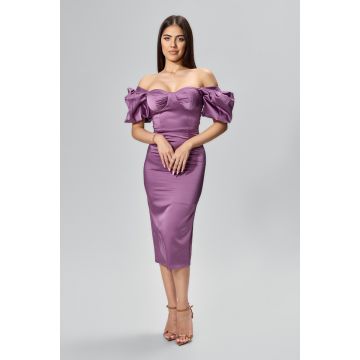 Rochie de ocazie din satin maneci bufante Rafaelle Mov