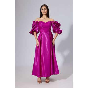 Rochie de ocazie din tafta satinata cu flori 3D Valora Fucsia