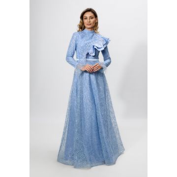 Rochie de ocazie din tull brodat cu paiete si volan din satin Leocadia Bleu