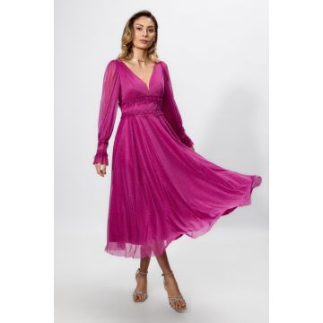 Rochie de ocazie din voal cu glitter Damara Fucsia