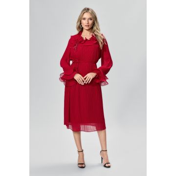 Rochie de ocazie din voal plisat cu brosa tip floare Bellatrix Bordo