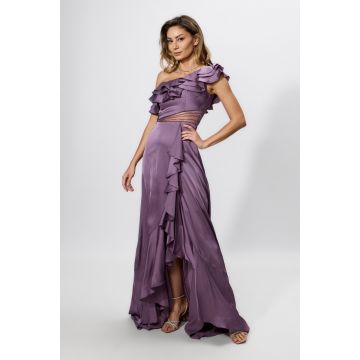Rochie de ocazie premium asimetrica din satin cu volane Serenade Mov
