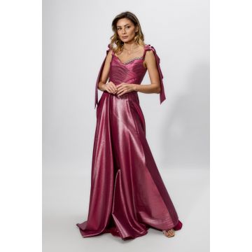 Rochie de ocazie premium cu fir lame argintiu si crepeu in fata Twilight Fucsia