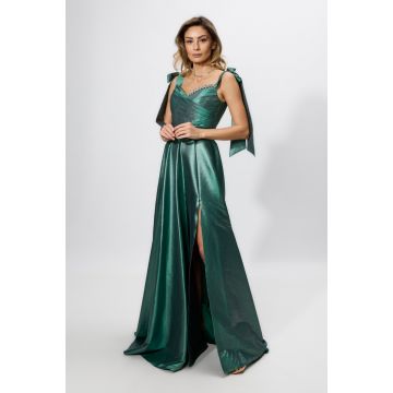 Rochie de ocazie premium cu fir lame argintiu si crepeu in fata Twilight Verde