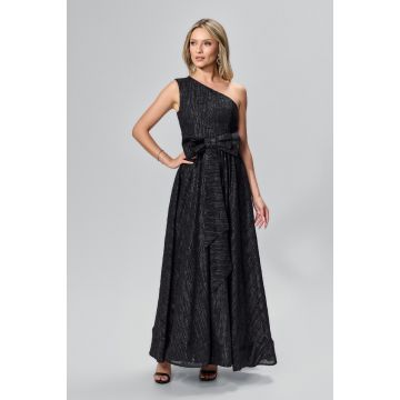 Rochie de ocazie premium cu model one shoulder si insertii din fir argintiu Verena Neagra