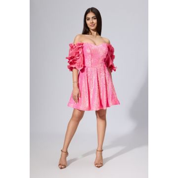 Rochie de ocazie premium cu paiete si flori 3D Nolina Roz