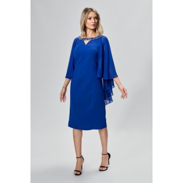 Rochie de ocazie premium cu strass-uri si capa din voal Oliviana Albastra