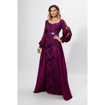 Rochie de ocazie premium cu tull brodat si trena Wisteria Violet