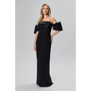 Rochie de ocazie premium cu volan din organza si bretele cu perlute Viale Neagra