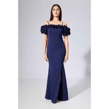 Rochie de ocazie premium din crepe cu flori 3D la bust Fever Bleumarin