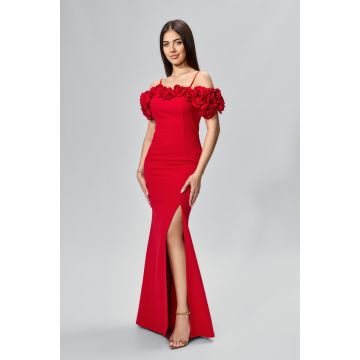 Rochie de ocazie premium din crepe cu flori 3D la bust Fever Rosie