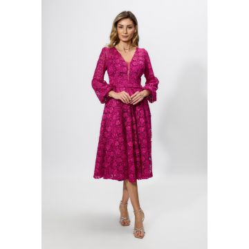 Rochie de ocazie premium din dantela cu maneci usor bufante Rosalba Fucsia