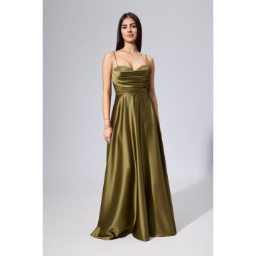 Rochie de ocazie premium din satin cu bretele Malika Kaki