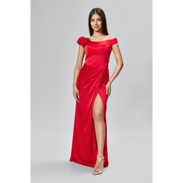 Rochie de ocazie premium din satin cu flori 3D si model petrecut Gala Rosie