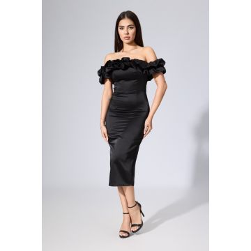 Rochie de ocazie premium din satin cu volane la bust Cocktail Neagra