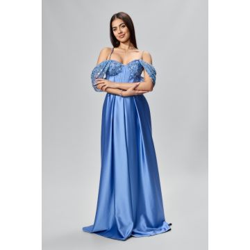 Rochie de ocazie premium din satin si tull cu glitter Fortuna Bleu