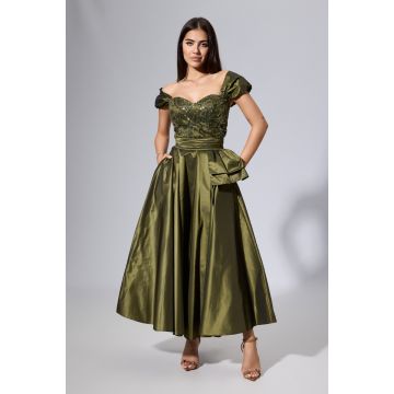 Rochie de ocazie premium din tafta satinata cu paiete si strass-uri Syerra Kaki