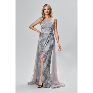 Rochie de ocazie premium din tull brodat cu perlute Nevera Gri Rochie de ocazie premium din tull brodat cu perlute Nevera Gri