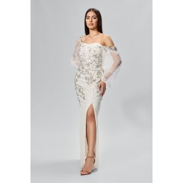 Rochie de ocazie premium din tull brodat cu strass-uri Erabella Ecru