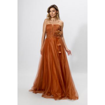 Rochie de ocazie premium din tull cu broderie si glitter Timeless Caramizie