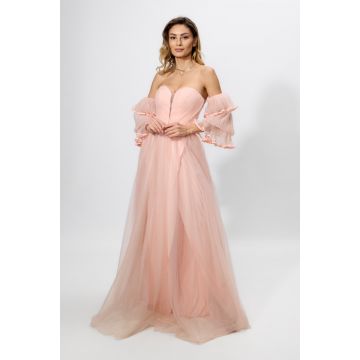 Rochie de ocazie premium din tull cu volane pe maneci Delightful Peach