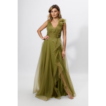 Rochie de ocazie premium din voal cu floare 3D pe umar Guinevere Kaki