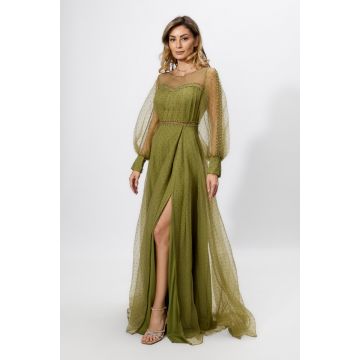 Rochie de ocazie premium din voal cu perlute si crepeu in fata Cressida Kaki