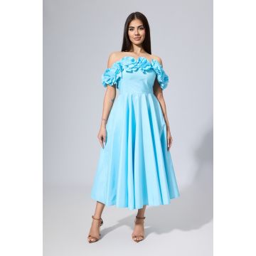 Rochie de ocazie premium midi tip baby doll cu flori 3D Otheea Bleu