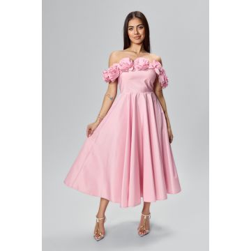 Rochie de ocazie premium midi tip baby doll cu flori 3D Otheea Rose