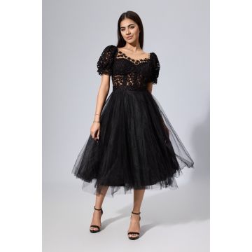 Rochie de ocazie premium tip baby doll din tull cu broderie Omada Neagra